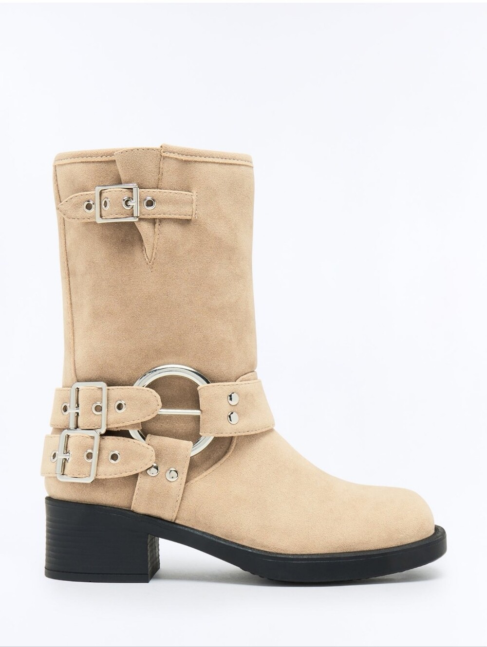 Buckle Mid-Calf Boot in Beige